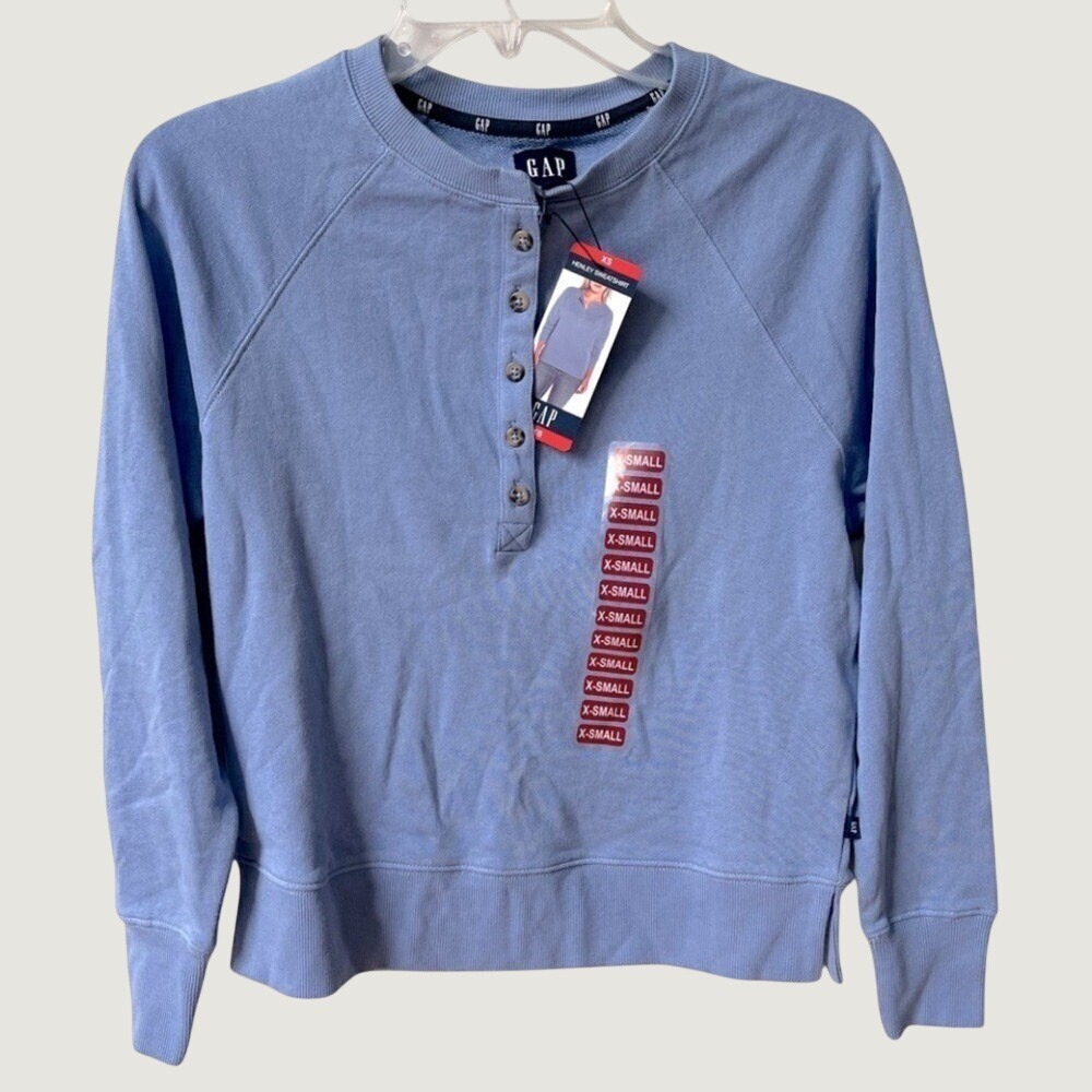 GAP NWT Henley Sweatshirt Womens XS Blue Raglan Pullover Relaxed Fit